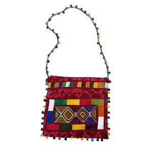 Handmade Embroidered Crossbody Bag With Beaded Strap & Colorful Pom-Poms